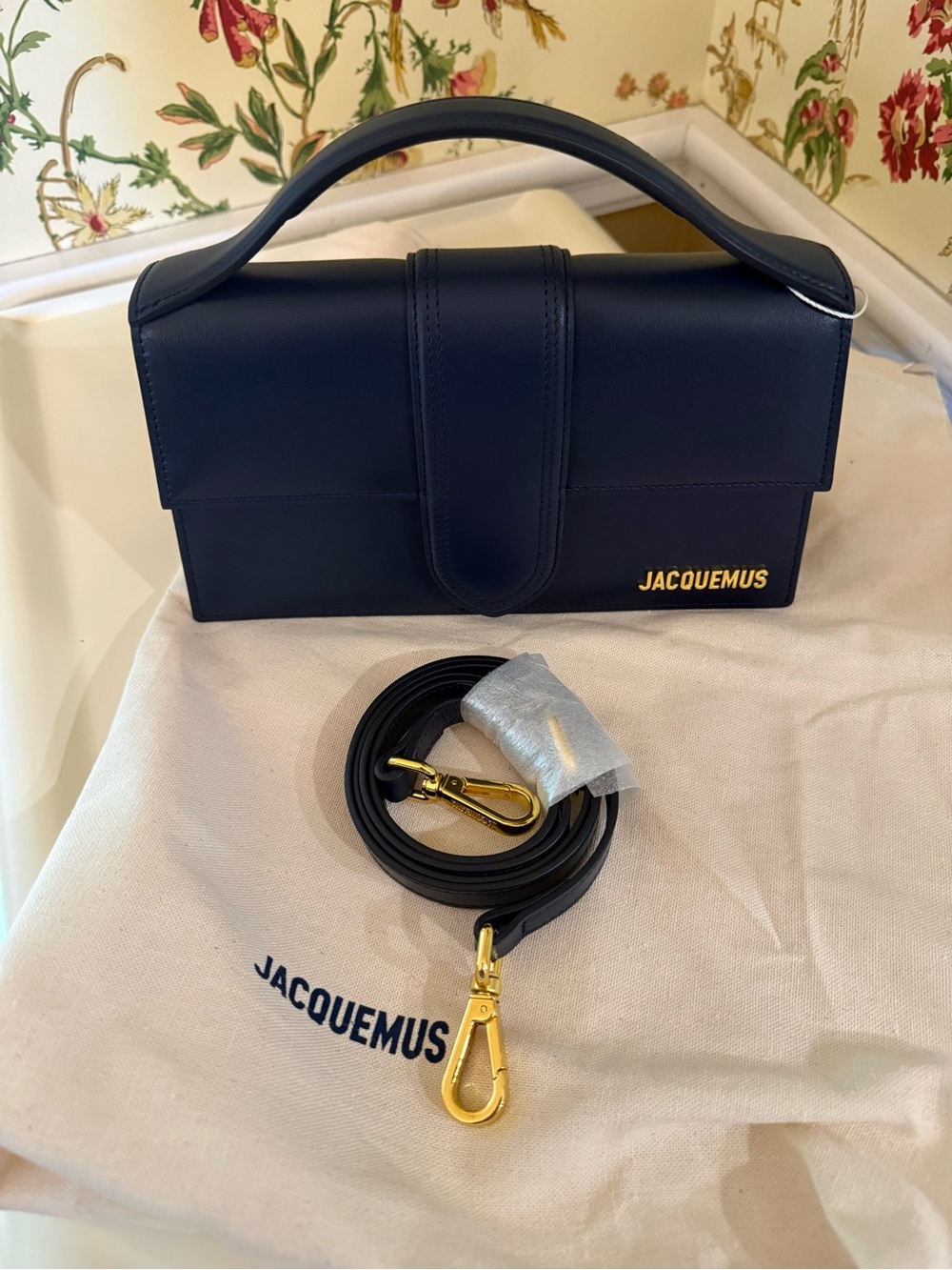 Jacquemus Navy Le Grand Bambino Shoulder Bag with Gold Hardware